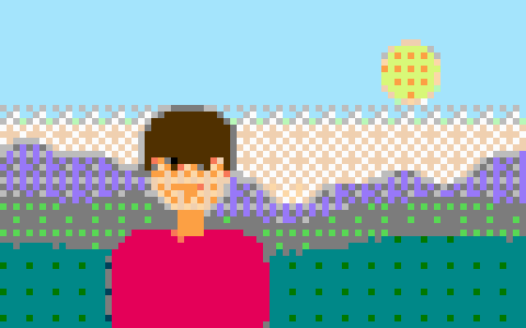 A drawn scene mapped to an NES-style palette with ordered dithering