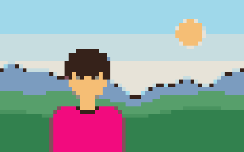 A drawn landscape and person converted into a 64-pixel sprite with 12 colours