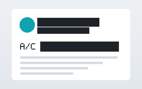 A drawn profile card with the name, email and account number covered by solid bars