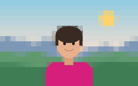 A drawn person kept sharp while the landscape behind is pixelated